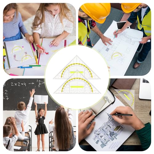 4 Pcs Multifunctional Triangle Ruler with Handle, Plastic Triangle Ruler Protractor Geometry Set Transparent Set Square Drafting Ruler for Architectors Designers Engineers Drawing Tools