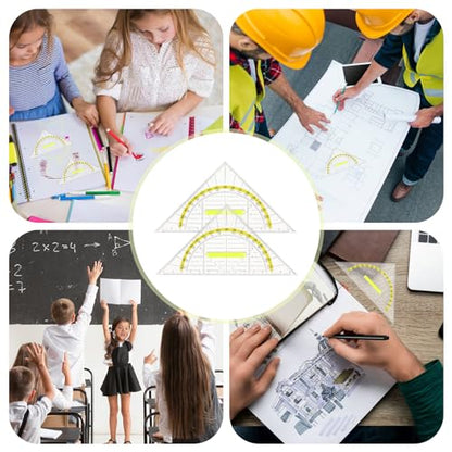 4 Pcs Multifunctional Triangle Ruler with Handle, Plastic Triangle Ruler Protractor Geometry Set Transparent Set Square Drafting Ruler for Architectors Designers Engineers Drawing Tools