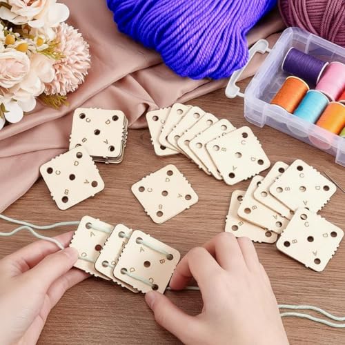 24 pcs 1.8 Inch Square Wooden Weaving Cards with 5 Holes, Tablet Weaving Loom Supplies & Tools for Inkle Loom, Handmade Knitting DIY Craft Projects