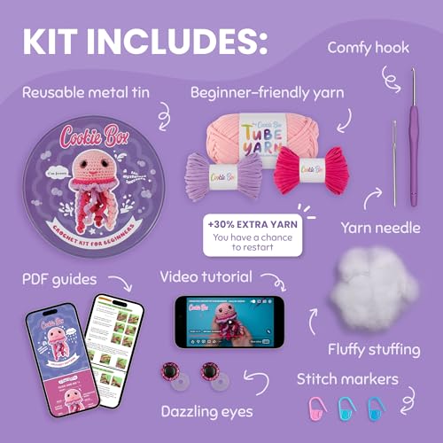 Cookie Box Crochet Kit for Beginners, Jellyfish Jenny - color: Pink and Purple
