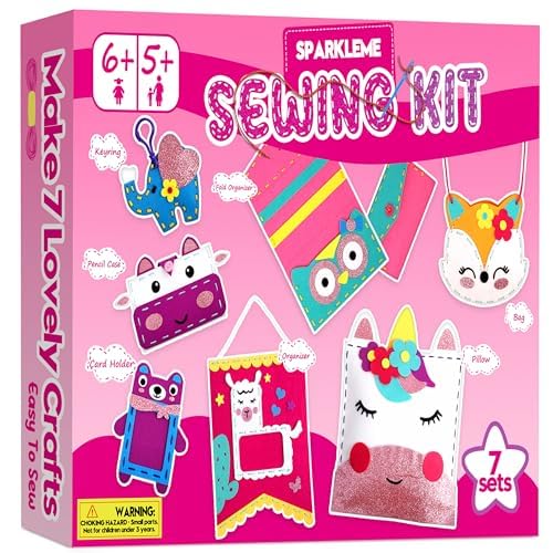 Sewing Craft Kit for Girls: DIY Felt Sewing Kit for Kids Ages 5-10, 7 Fun Projects with Stuffed Animals & Pillows, Learn to Sew Kit for Beginners, Ideal for Christmas & Birthday, Arts & Crafts Ideas