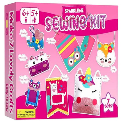 Sewing Craft Kit for Girls: DIY Felt Sewing Kit for Kids Ages 5-10, 7 Fun Projects with Stuffed Animals & Pillows, Learn to Sew Kit for Beginners, Ideal for Christmas & Birthday, Arts & Crafts Ideas