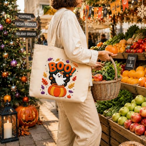 ARTopet Embroidery Tote Bag Kit for Beginners Halloween Canvas Cross Stitch Handbag with Hoops Needles Threads Reusable Grocery Bag for Women-Ghost Pumpkin - color: Ghost Pumpkin