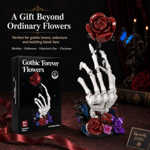 Gothic Rose Skeleton Hand Building Set, Dark Fantasy Brick Model