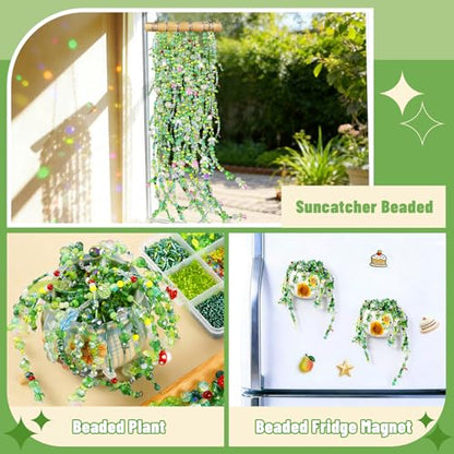 FOGWOWO 5057 Pcs Beaded Plant Kit,Glass Green Beads with Disco Ball & Chain - color: Green B (Include Pot & Foam)