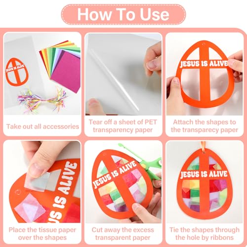Qyeahkj 36 Set Easter Eggs Suncatchers Crafts for DIY Jesus is Alive Cross Window Tissue Paper Craft Kit Religion Hanging Decor for Church Home Activity Art Project Party Favor Gift - style: Jesus is Alive