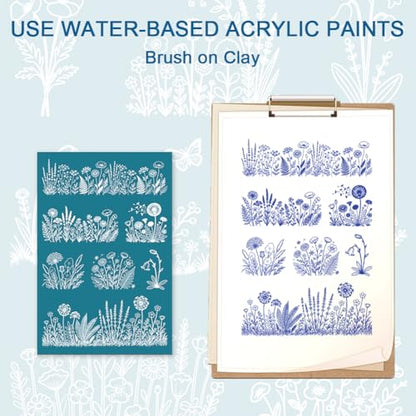 4Pcs 4 Styles Wildflower Silk Screen Stencil 3.9 x 6 Inch Polymer Clay Stencils Floral Plants Pattern Reusable Nylon Mesh Transfers for T-Shirt Clay Wood Fabric Jewelry Making DIY Crafts - color: Flower-1