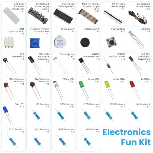 380 PCS Electronics Starter Kit with 830-Point Breadboard, USB Power Supply Module, Breadboard Kit Compatible with Arduino, ESP32, Raspberry Pi & STM32