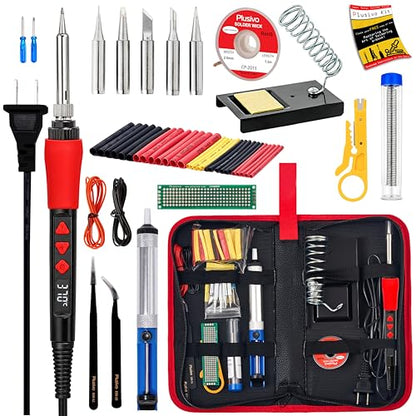 Soldering Iron Kit, 60W LED Display Digital Solder Pen, 5 Replaceable Tips, 21-in-1 Fast Heating with Solder Wire, Stand, Desoldering Pump, for Electronics Repair Hobby DIY 120V US Plug from Plusivo