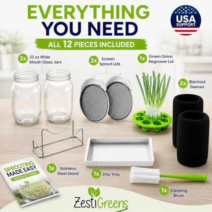 Sprouting Jar Kit - 2 Wide-Mouth Mason Jars with Stand and Sprout Lids - color: Sprouts Growing Kit & Green Onion Regrower