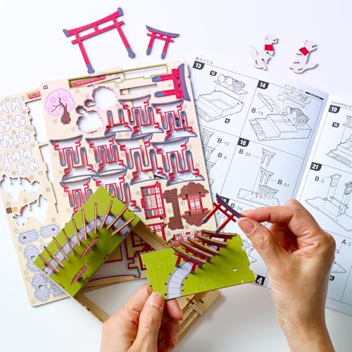 Fushimi Inari Shrine Wooden 3D Puzzle – DIY Japanese Torii Gate Craft Kit – Seasonal Sakura & Maple Scenes – No Tools Needed - style: Fushimi Inari