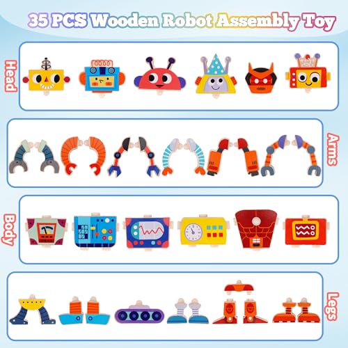 ATOYUS Wooden Montessori Robot Building Blocks Toys for Kids 3-5, 35-Piece