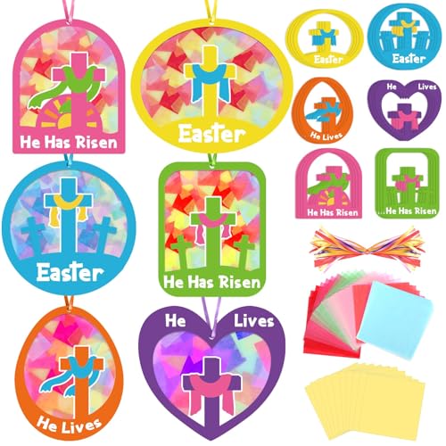 Qyeahkj 36 Set Easter Suncatchers Crafts for DIY Resurrection Church Window Tissue Paper Crafts Kit He is Risen Hanging Decor for Religious Cross Home Activity Art Project Favor Gift - style: Easter