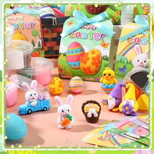 Capoda 18 Sets Easter Craft Kits Gifts for Kids Easter Air Dry Clay Kit Bunny Eggs DIY Modeling Clay with Tutorials Art Crafts for Kids Party Favors Basket Stuffers Classroom Prizes Fun Activities - style: Easter
