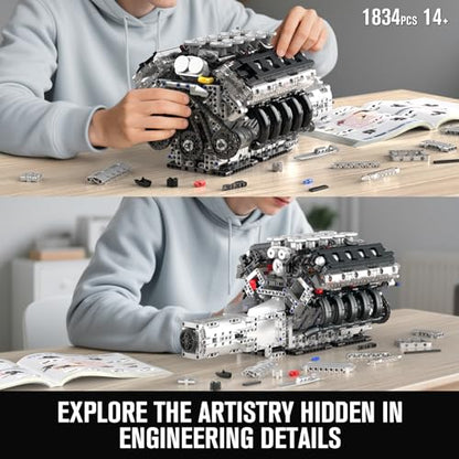 Mould King 10250 V10 Engine Model that Works, Build Your Own Cars Combustion Blocks Sets, Engineering Model for Age 14+ Adults/Teens(1834 PCS) - style: V10 Engine