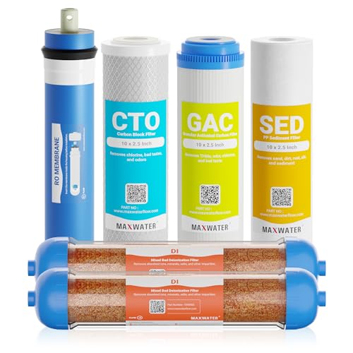 Max Water 6 Stage Reverse Osmosis Dual RODI Water Filter Replacement Kit for Aquarium -1 Micron Polypropylene Sediment, GAC, CTO Carbon, 2X Mixed Bed DI & 100 GPD RO Membrane - size: 6-Stage Filter Set + 100 GPD Membrane