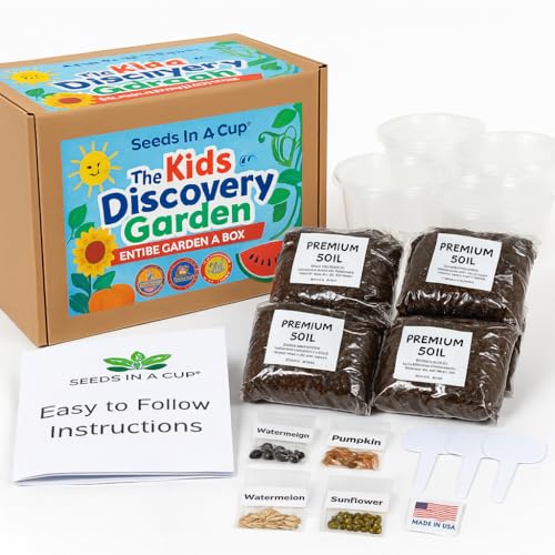 Kids Discovery Garden Kit, Complete Indoor/Outdoor Growing Set, Premium Soil, 4 Seed Varieties,Educational, Made in USA, Great Gift for Holiday, Gift Idea