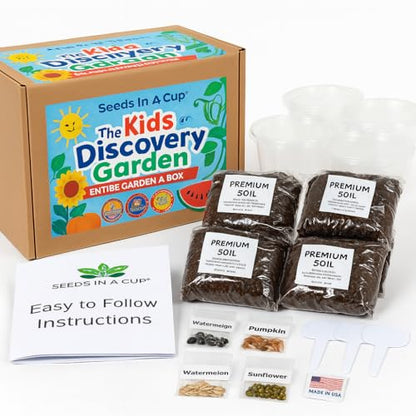 Kids Discovery Garden Kit, Complete Indoor/Outdoor Growing Set, Premium Soil, 4 Seed Varieties,Educational, Made in USA, Great Gift for Holiday, Gift Idea