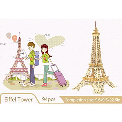 3D Wooden Puzzles Laser Engraving DIY Safe Assembly Constructor Kit Toy for Teens and Adults, World Famous Buildings Mechanical 3-D Models for Self-Assembly (Eiffel Tower)