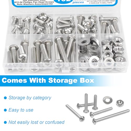102pcs #12-24 Phillips Pan Head Machine Screws Nuts Washers Kit - size: #12-24