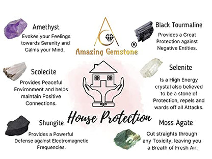 Amazing Gemstone Crystals for House Protection Manifestation, Set of 6 Amethyst, Scolecite, Shungite, Black Tourmaline, Selenite and Moss Agate Healing Crystals and Stones - color: House Protection Crystals