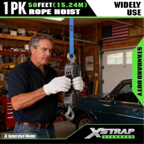 XSTRAP STANDARD 50FT Rope Hoist Pulley Block & Tackle 5:1 System, Black - color: 50 Ft+Black+2 Soft Loops