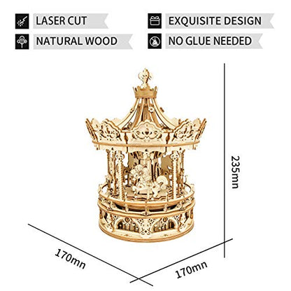 ROKR 3D Wooden Puzzle Carousel Model Building Kits Rotating 5-Horses Music Box Christmas Birthday Gift for Adults&Teens