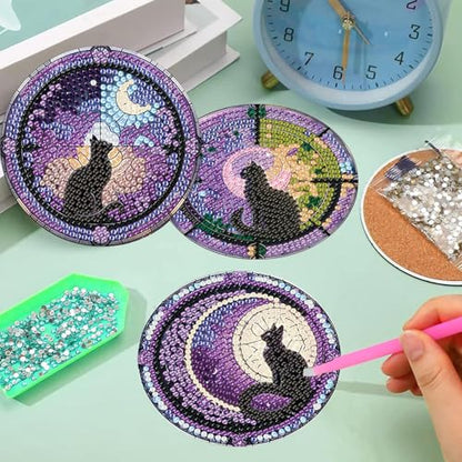 Diamond Art Coasters Kit, 6 Pieces Cat Diamond Painting Coasters Kit - color: Black Cat