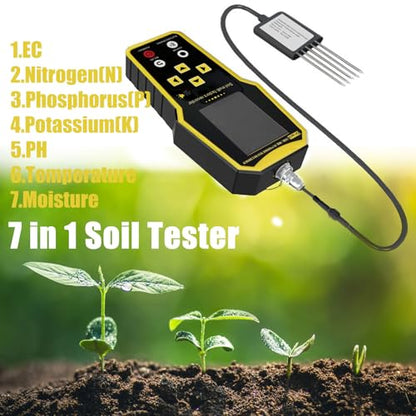 7 in 1 Soil Tester, Nitrogen Phosphorus Potassium NPK Tester, Handheld Soil PH Meter Kit, Temperature, Conductivity, Moisture, EC Meter for Petrochemical, Agriculture - Yellow