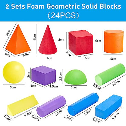 Wettarn 24 Pack 3D Shapes for Teaching Foam Geometric Solid Blocks