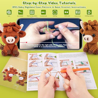 2PCS Highland Cow Crochet Kit for Beginners Crochet Starter Kit for Adults - color: Brown Highland cow