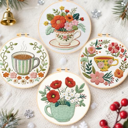 FREEBLOSS 4 Set Embroidery Kit for Adult Beginners Floral Coffee Tea Stamped Patterns Embroidery Starter Kit with Instructions Hand Needlepoint Starter Set Cross Stitch Kits for Women Craft 7.9inch