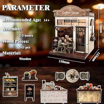 3D Wooden Coffee Shop Book Nook Kit - DIY Miniature Model with LED Lights, 143 Precision-Cut Pieces for Adults & Teens (1:24 Scale, Stress Relief Craft Gift) - color: Coffe Shop