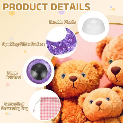 MECCANIXITY 12 Pcs Glitter Safety Eyes, 9mm Plastic 3D Crochet Doll Eyes with Washers and Drawstring Bag for Puppet Bear DIY Crafts Stuffed Animals Making Supplies, Purple - color: Purple