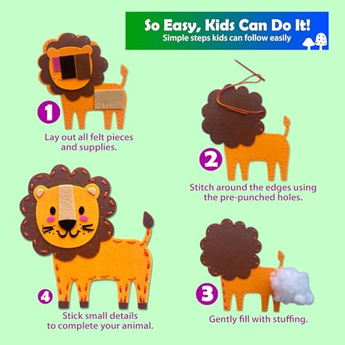 Sii Pikki Sewing Kit for Kids – 9 Easy Projects Cute Safari Animals, Beginner Sewing Kit with Felt & Instructions, Kids Sewing Kit Ages 6-12, Learn to Sew Arts & Crafts for Kids, Gift for Girls Boys