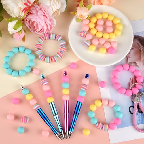 ASTARON 100Pcs 15mm Rainbow Colors Silicone Beads for Keychain Making Craft - color: pink,light pink,mint green,yellow,rainbow printed bead