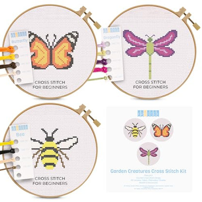 Kraftex Floral Stamped Cross Stitch Kits for Beginners - 3 Pack. DIY Embroidery Needlepoint Patterns for Adults. Easy Cross Stitch Kits for Beginners (Garden Creatures) - style: Garden Creatures