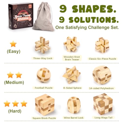 VolksRose 9pcs Wooden Brain Teaser Puzzles, IQ Challenge Puzzle Games, Logic Smart Mind Puzzle Box Lock Toy Removing Assembling 3D Small Puzzle Gift Set for Adults Teenagers Kids, 1.8inch 4.5cm - color: A-9pcs-4.5cm