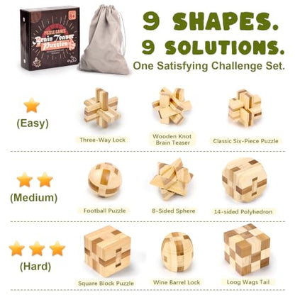 VolksRose 9pcs Wooden Brain Teaser Puzzles, IQ Challenge Puzzle Games, Logic Smart Mind Puzzle Box Lock Toy Removing Assembling 3D Small Puzzle Gift Set for Adults Teenagers Kids, 1.8inch 4.5cm - color: A-9pcs-4.5cm