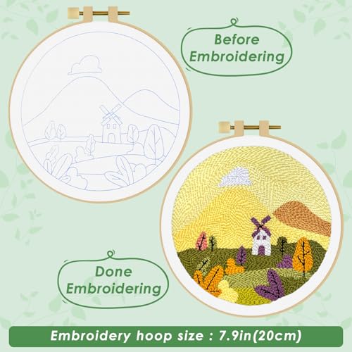 ERKOON Punch Needle Kit Adults Beginners, DIY Easy Landscapes Embroidery Set for Starter Art Craft, Needling Punch Project with Patterns, Tools, Yarns, Hoop, Instruction (Fall) - color: Fall