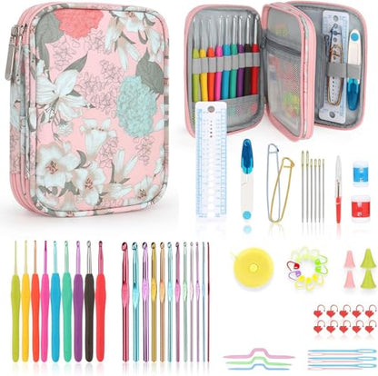 Katech Crochet Hooks Set with Case, 73-Piece Crochet Hooks Kit Knitting Accessories Ergonomic Aluminum Alloy Crochet Hook Colorful Crochet Needles for Making Socks, Gloves, Bag, Hat, Sweaters - color: Flowers Pattern