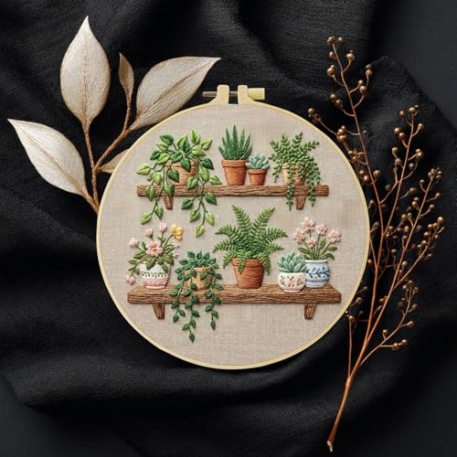 Full Range Embroidery Kit for Adult, Green Plant Pattern Embroidery Kit for Beginners Include Embroidery Cloth Hoops Threads for Craft Lover Hand Stitch with Embroidery Skill Techniques (Book Flowers) - color: Book Flowers