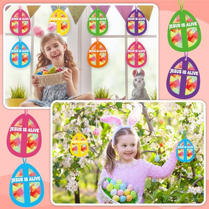 Qyeahkj 36 Set Easter Eggs Suncatchers Crafts for DIY Jesus is Alive Cross Window Tissue Paper Craft Kit Religion Hanging Decor for Church Home Activity Art Project Party Favor Gift - style: Jesus is Alive