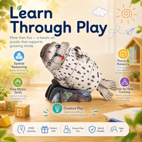 MierEdu Build 'N' Sound 3D Puzzle for Kids, Animal Puzzle with Sound Module, Educational STEM Craft Kit, FSC Paper Model Building Toy Gift for Ages 6+ - color: Seal