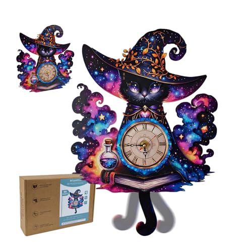3D Wooden Puzzle Clock DIY Mechanical Model Kit, Wooden Desk & Wall Clock with Pendulum, Adult Crafts Model Clock Kit, Laser Cut Wood Assembly, Fantasy Cat Wizard Galaxy Decor, Unique Gift