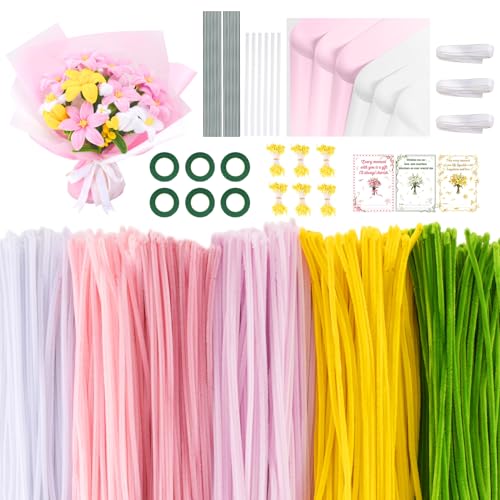 1800PCS Pipe Cleaners Flower Kit, Pipe Cleaners Craft Bulk Chenille Stems Flower Making Set with Floral Wrapping Paper, Gardening Tape, Stamen, Floral Wires & Ribbon for Art and Craft Supplies - color: 1800PCS-Pink