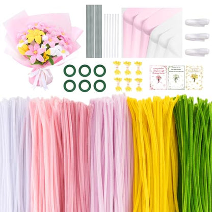 1800PCS Pipe Cleaners Flower Kit, Pipe Cleaners Craft Bulk Chenille Stems Flower Making Set with Floral Wrapping Paper, Gardening Tape, Stamen, Floral Wires & Ribbon for Art and Craft Supplies - color: 1800PCS-Pink