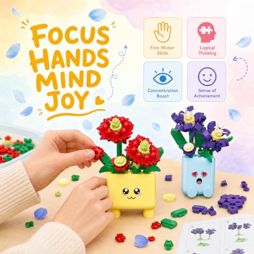 Botanicals Happy Plants Building Sets | 2 Cute Happy Plants Flowers Set, Succulents Botanical Collection for Home Office Décor, Gift for Women Wife Mom(222Pcs) - style: Yellow and Blue