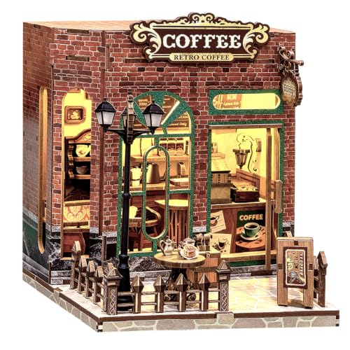 Coffee Shop Book Nook Kit DIY Miniature House with LED Lights, 3D Wooden Puzzle Bookshelf Insert for Adults, Double Door Mini Dollhouse Building Kit, Creative Home Decor Gift for Women & Men - style: Coffee Shop