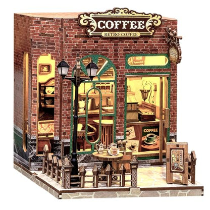 Coffee Shop Book Nook Kit DIY Miniature House with LED Lights, 3D Wooden Puzzle Bookshelf Insert for Adults, Double Door Mini Dollhouse Building Kit, Creative Home Decor Gift for Women & Men - style: Coffee Shop